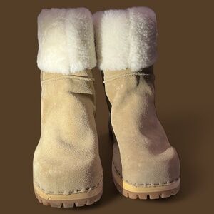 Mia Jildie Beige Brown Suede Wood Clog Mule Suede Real Fur